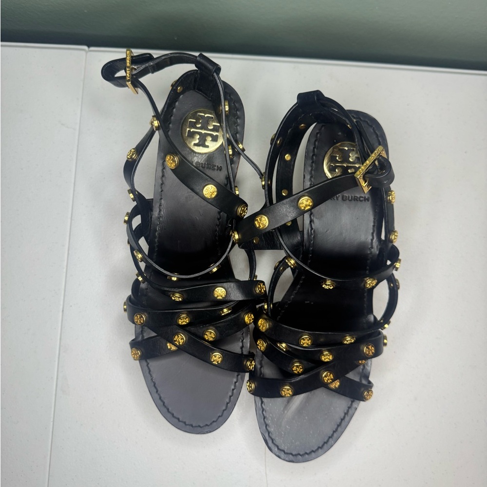 Tory Burch Black and Gold Wedge Sandals